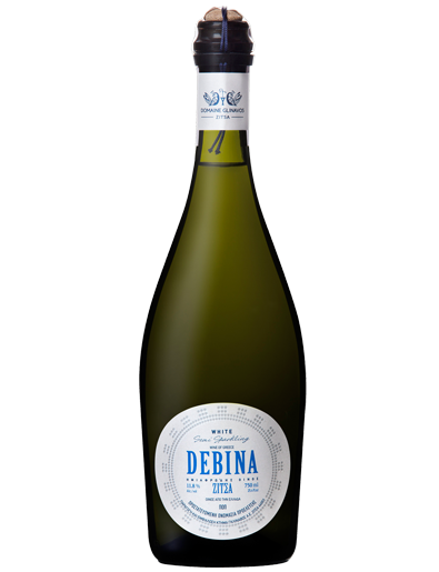 Einzigartiger weißer Perlwein Debina aus der einheimischen Rebsorte Debina von den Weinbergen von Zitsa in Ioannina, Glinavos Weingut